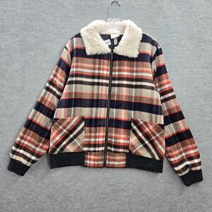 Knox‎ Rose Women Jacket L Orange Plaid Flannel Sherpa Collar Full Zip Wool Blend
